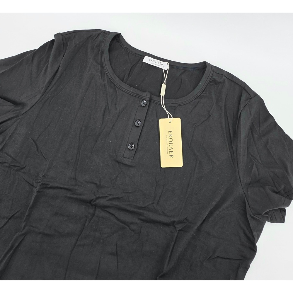 Ekouaer Minimalist Henley Nightshirt Size XL Womens Black Short Sleeve NWT